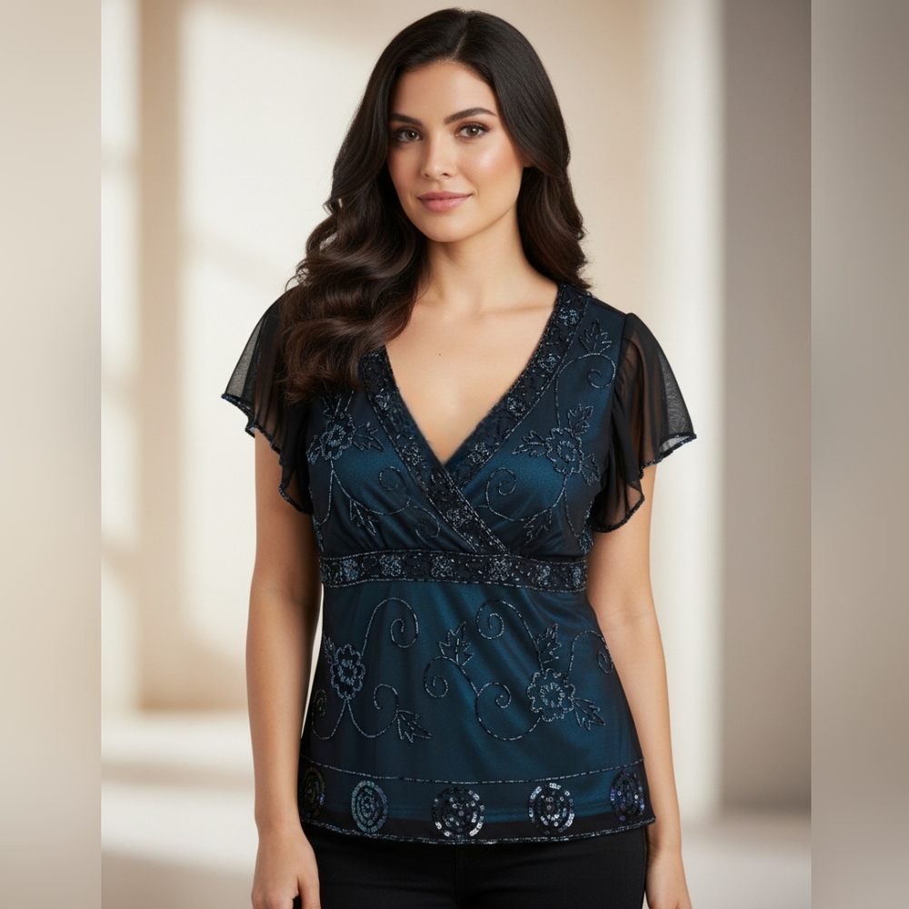Marina Vintage Dark Turquoise V-Neck Floral Beaded Blouse Size Large